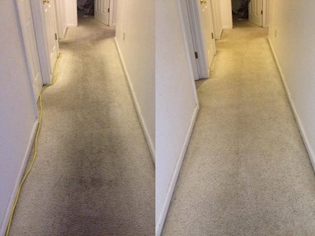 two hallways side by side to show carpet cleaning done by A+ Chem-Dry in Merced CA